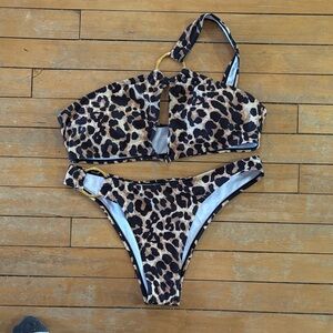 EUC Leopard Print Two-Piece Bikini Set - Gold Ring Detail